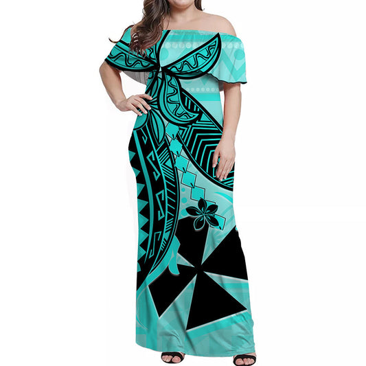 Wallis et Futuna Off Shoulder Long Dress Version Luxurious Blue