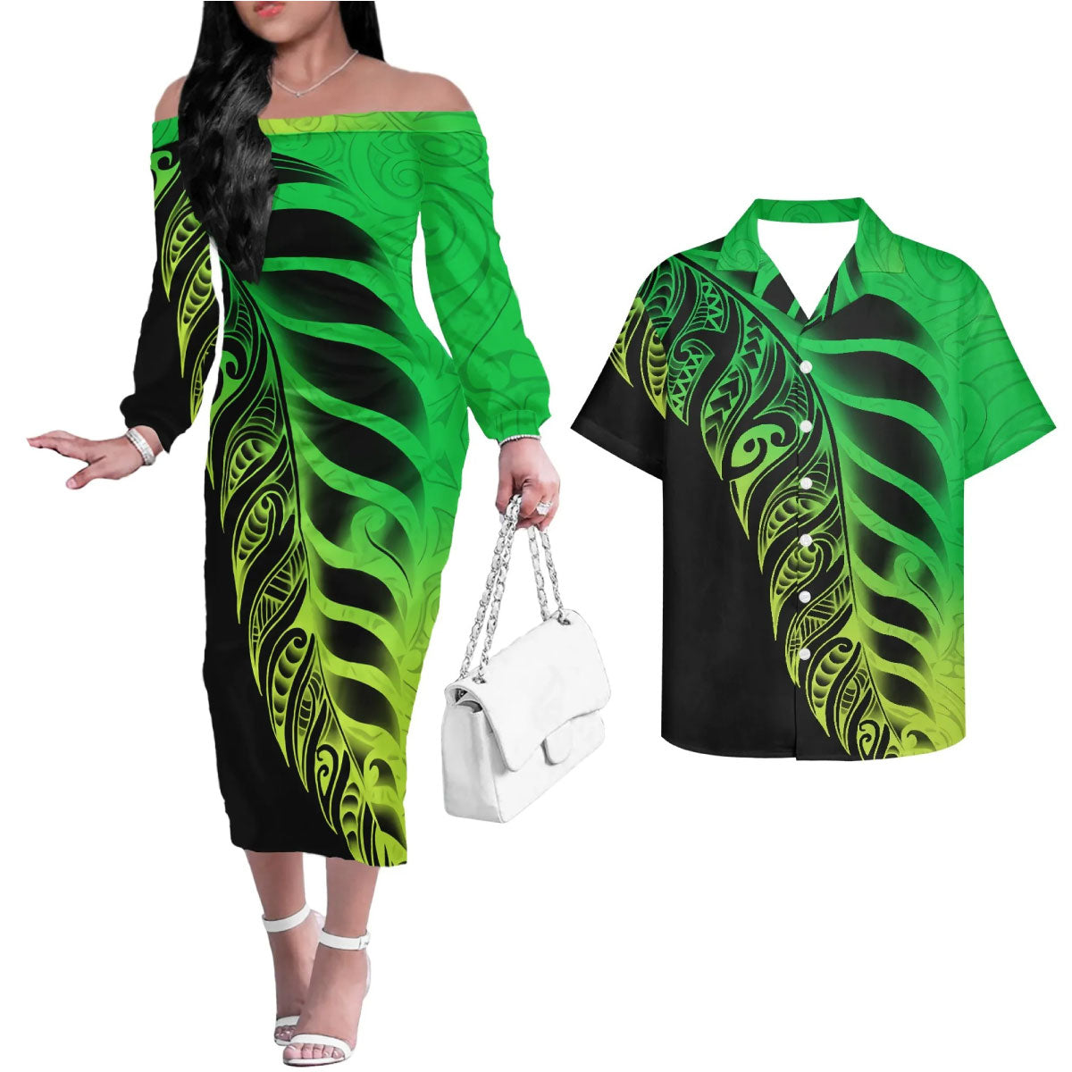 Polynesian Tribal Tattoo Pattern Matching Outfit For Couple Printed Polynesian Off Shoulder Long Sleeved Dress And Hawaiian Shirt