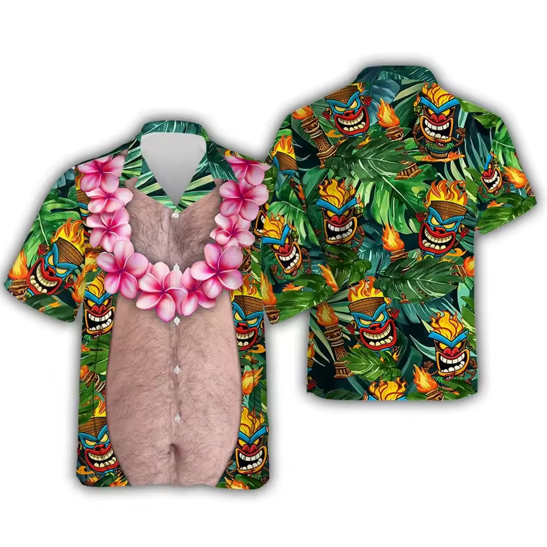 Funny Couple Matching Outfit  Polynesian Tribal Leaf Pattern Women Strap Short Swing Dress And Shirt
