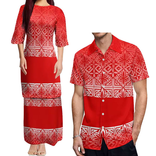 Island Art Red Matching Outfit For Couple Polynesian Tribal Pattern Dress Summer Puletasi Elegant Set Dress And Hawaiian Shirt Party Dress