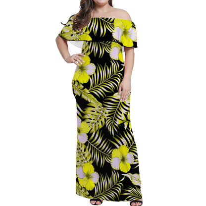 Matching Outfit For Couple Polynesian Samoan Tribe Gradient Dress Printed Lotus Strapless Long Dress Sexy Summer Dress
