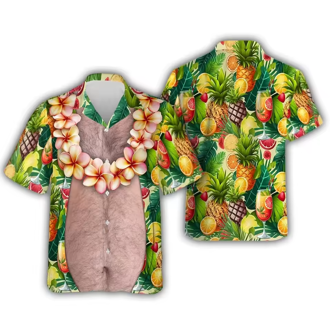 Funny Couple Matching Outfit Polynesian Tropical Fruits Pattern Women Strap Short Swing Dress And Big Belly Shirt