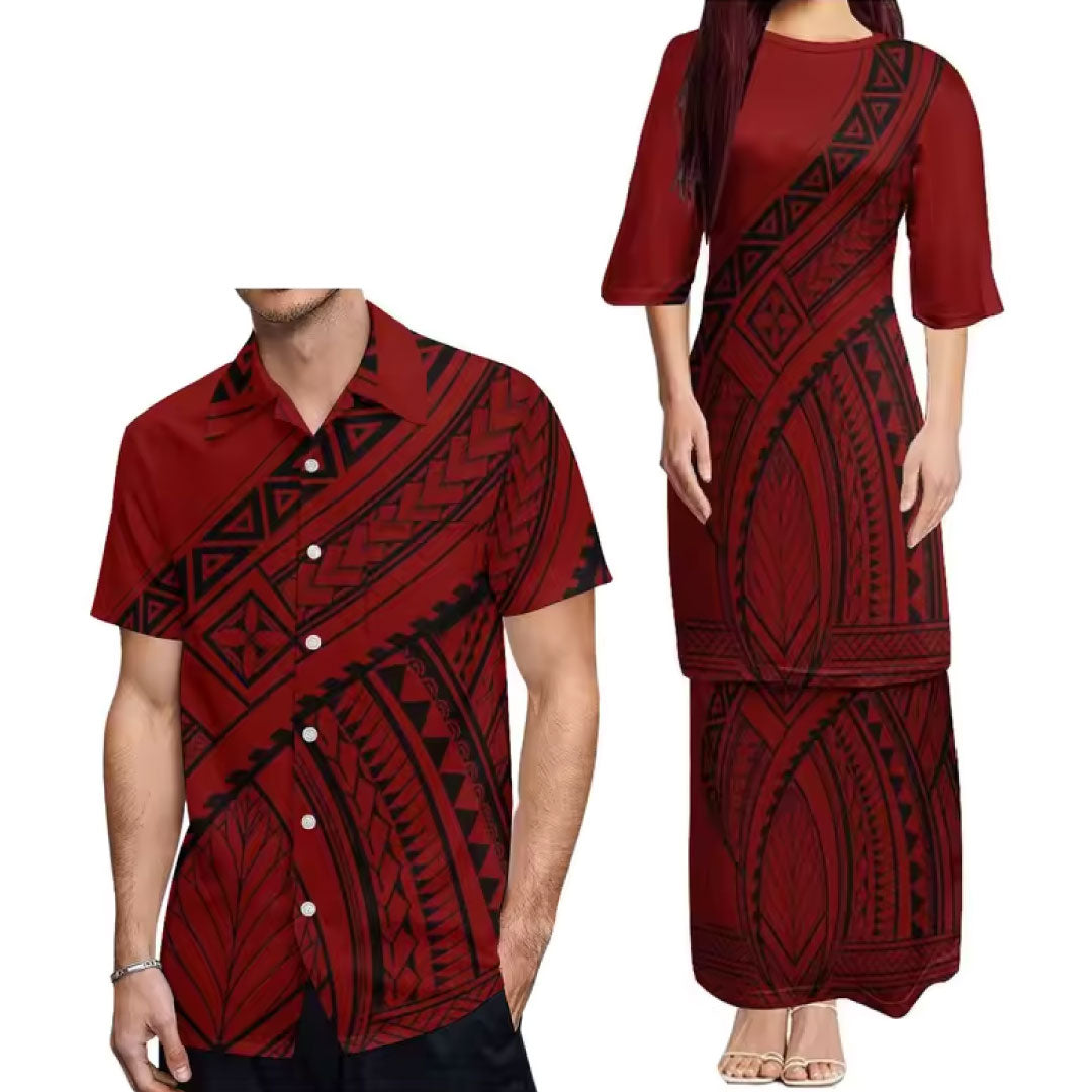 Outfit For Couple Polynesian Tribal Pattern crew neck Women's Dress Men's Hawaiian Shirt Polynesian Matching Outfit