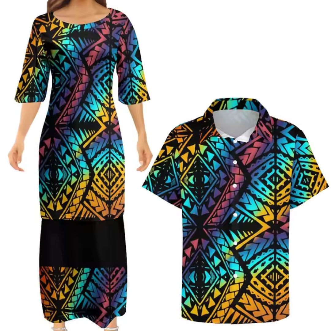 Polynesian Traditional Tribal Couple Set Puletasi Dress Two-Piece Suit With Men's Shirt Blue Matching Outfit For Couple