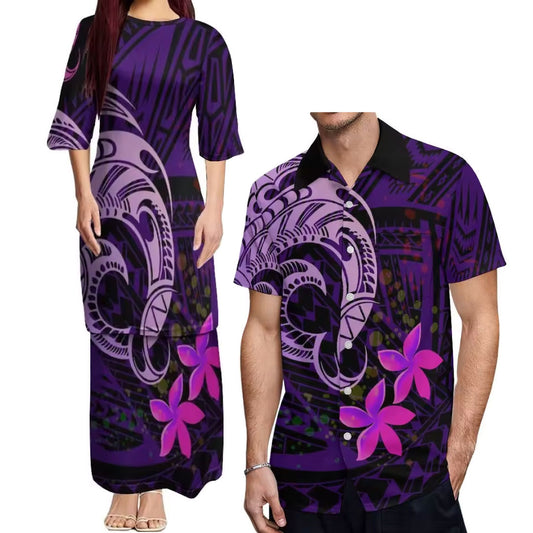 Island Art Plumeria Purple Matching Outfit For Couple Polynesian Dress Summer Puletasi Elegant Set Dress And Hawaiian Shirt Party Dress
