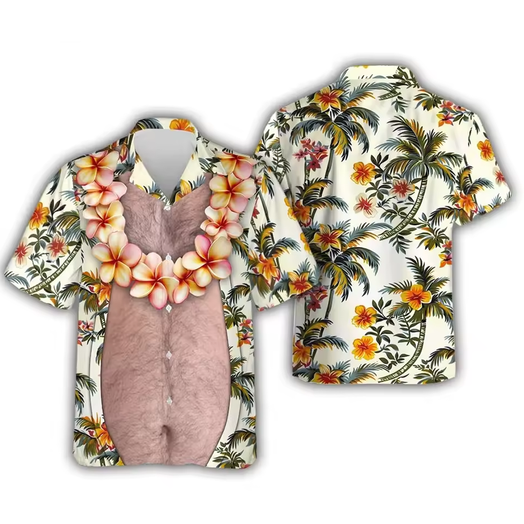 Funny Couple Matching Outfit Polynesian Tropical Flowers Pattern Women Strap Short Swing Dress And Big Belly Shirt