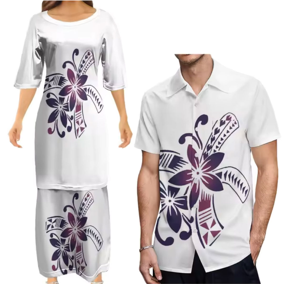 Polynesian Tribal Flowers Printed Pattern Matching Outfit For Couple Tropical White Puletasi Dress Two-Piece Suit With Men's Shirt Couple Set