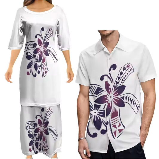 Polynesian Tribal Flowers Printed Pattern Matching Outfit For Couple Tropical White Puletasi Dress Two-Piece Suit With Men's Shirt Couple Set