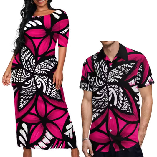 Pacific Island Couple Matching Outfit Polynesian Tribal Pattern Dress Puletasi Dress Two-Piece Suit With Men's Shirt Couple Set