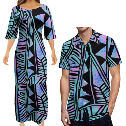 Island Art Matching Outfit For Couple Polynesian Dress Summer Puletasi Elegant Set Dress And Hawaiian Shirt Party Dress