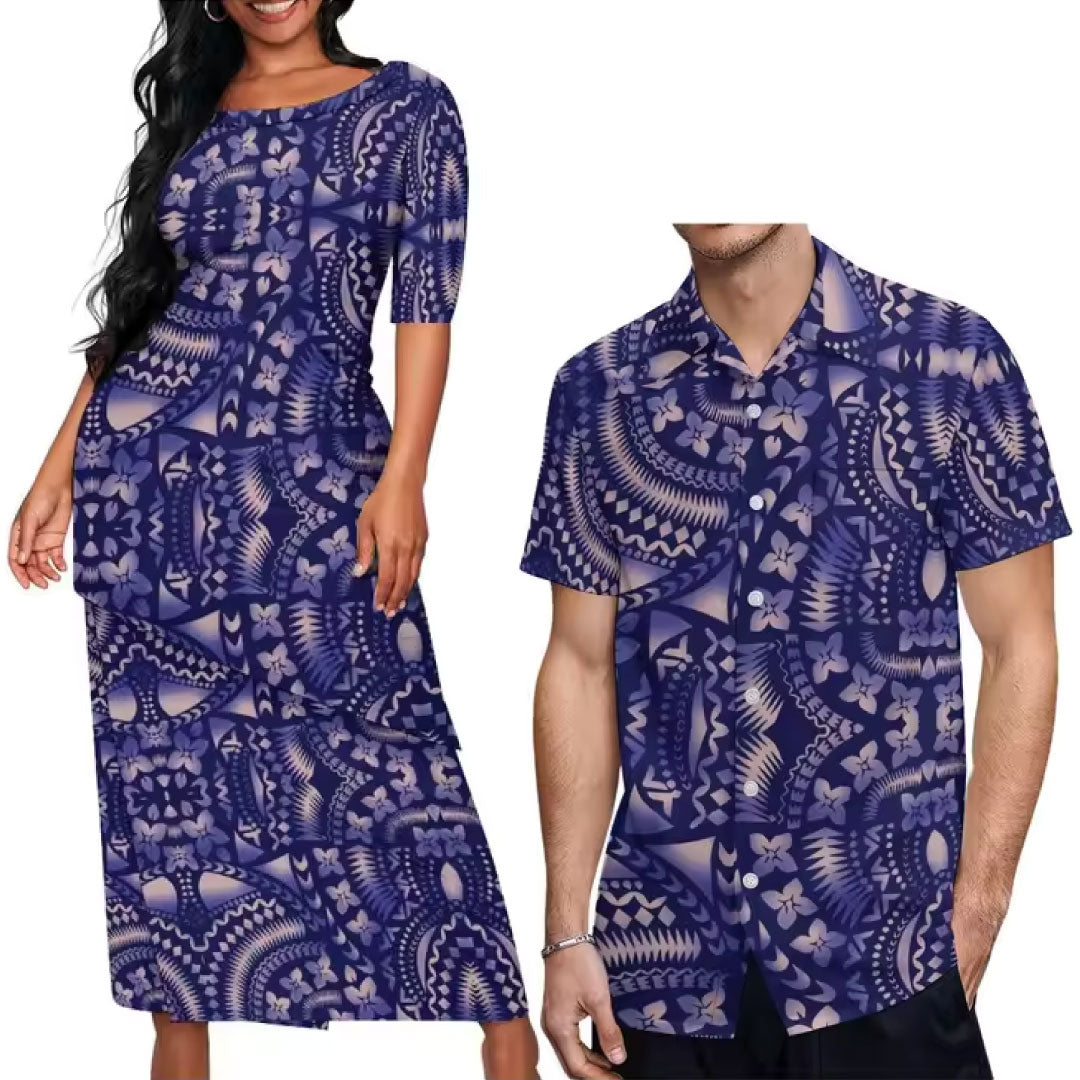 Polynesian Island Design Printed Matching Outfit For Couple Puletasi Dress Two-Piece Suit With Men's Shirt Couple Set