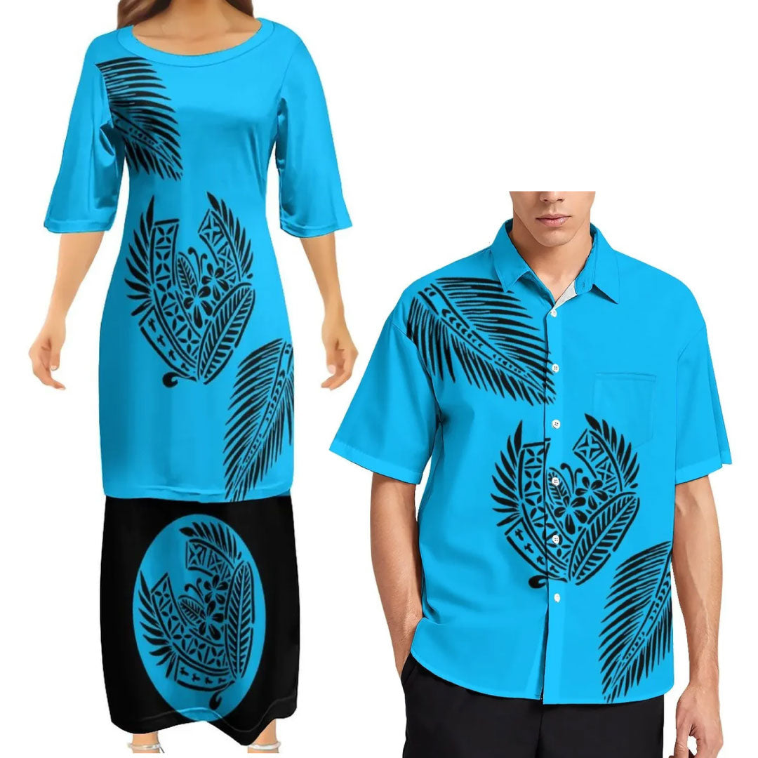 Neon Blue Tropical Polynesian Traditional Tribal Couple Set Puletasi Dress Two-Piece Suit With Men's Shirt Blue Matching Outfit For Couple