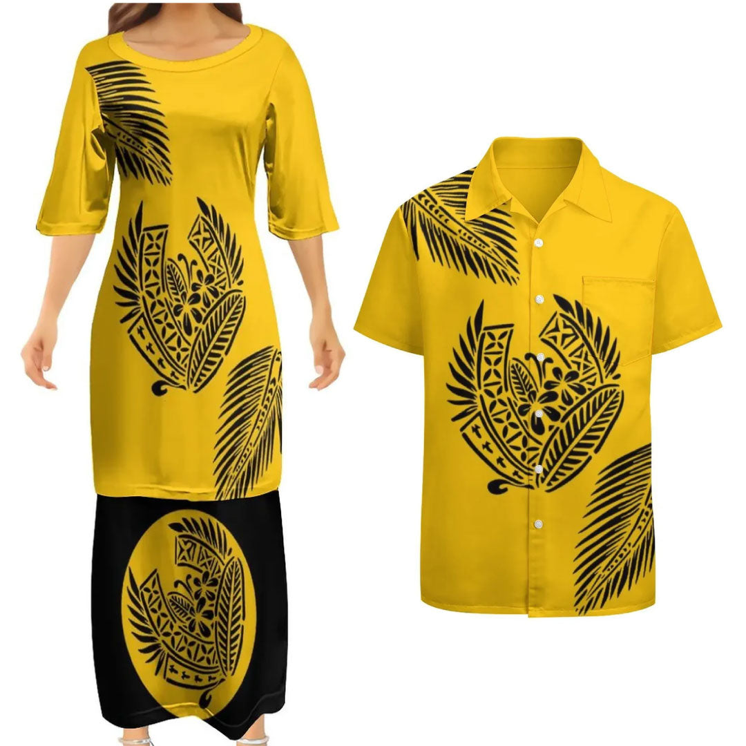 Yellow Tropical Polynesian Traditional Tribal Couple Set Puletasi Dress Two-Piece Suit With Men's Shirt Blue Matching Outfit For Couple