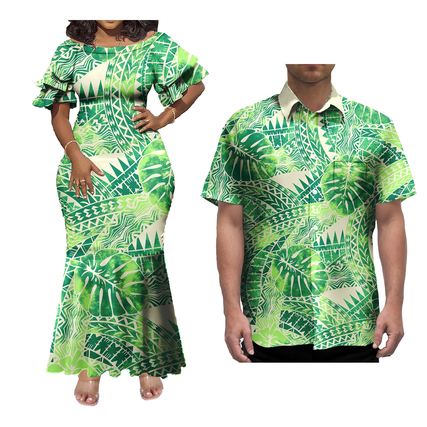 Polynesian Couple of Sets Green Outfit Polynesian Tropical Flowers Pattern Printed Women's Short-Sleeved Dress Party Hawaiian Shirt