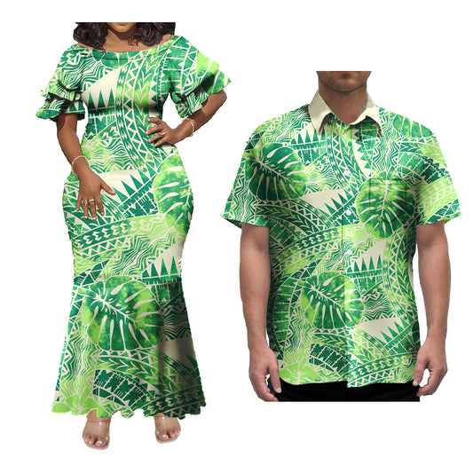 Polynesian Couple of Sets Green Outfit Polynesian Tropical Flowers Pattern Printed Women's Short-Sleeved Dress Party Hawaiian Shirt