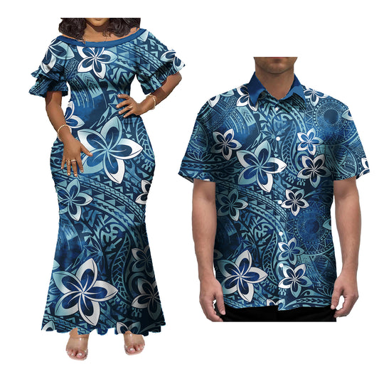 Polynesian Couple of Sets Outfit Polynesian Tropical Plumeria Flowers Pattern Women's Short-Sleeved Dress Party Hawaiian Shirt For Men