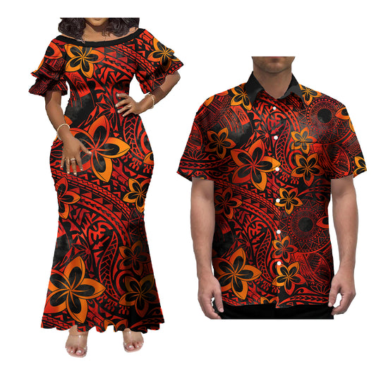 Polynesian Couple of Sets Red Outfit Polynesian Tropical Plumeria Flowers Pattern Women's Short-Sleeved Dress Party Hawaiian Shirt For Men