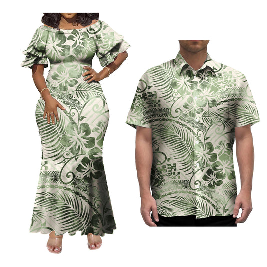 Polynesian Couple of Sets Outfit Polynesian Tropical Hibiscus Pattern Women's Short-Sleeved Dress Party Hawaiian Shirt For Men