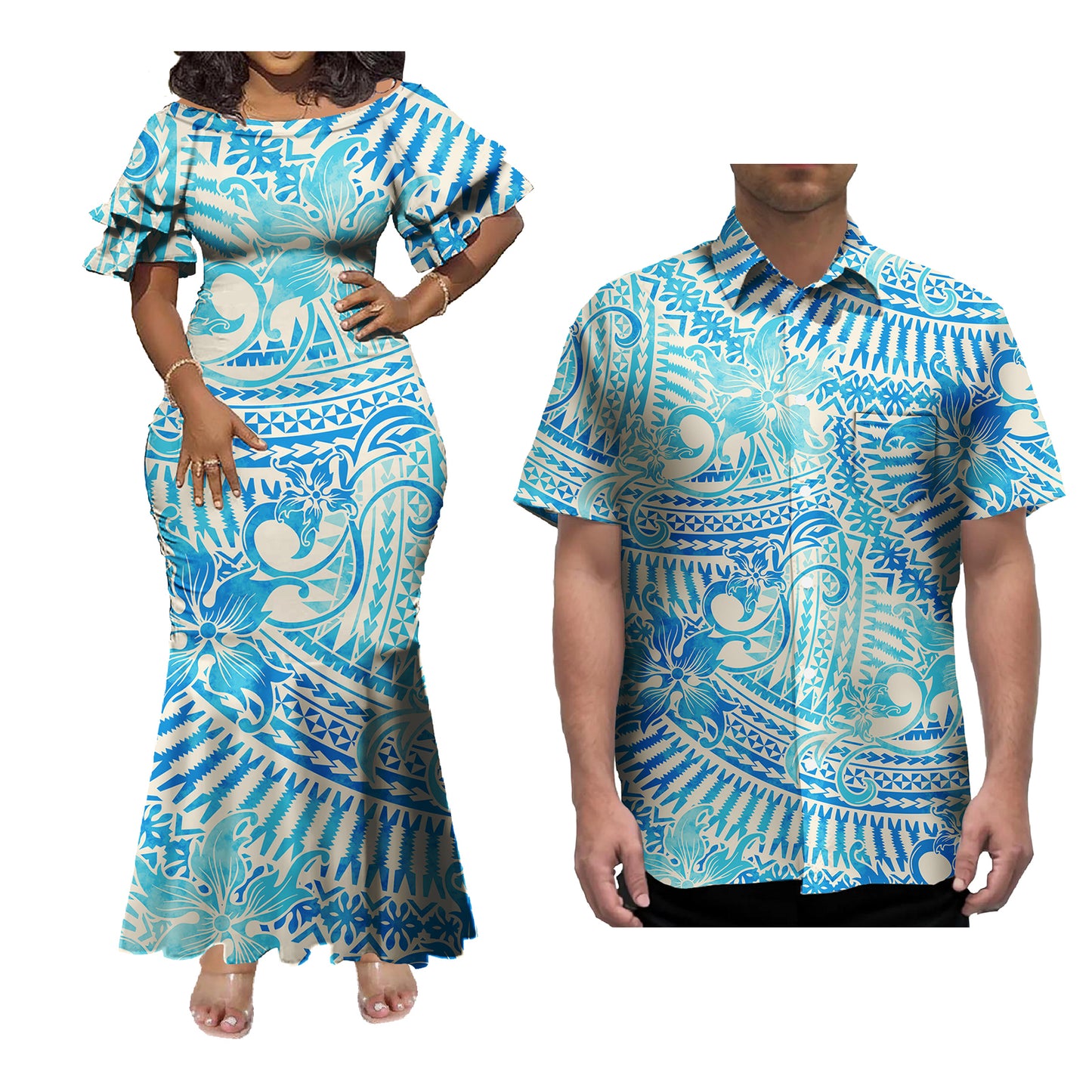 Polynesian Couple of Sets Blue Outfit Polynesian Tropical Hibiscus Pattern Women's Short-Sleeved Dress Party Hawaiian Shirt For Men