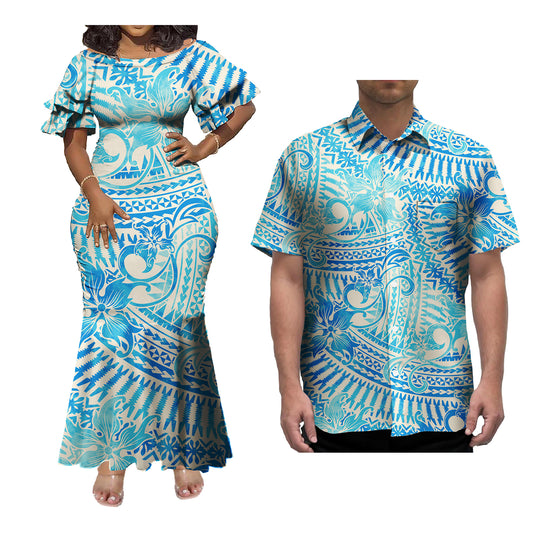 Polynesian Couple of Sets Blue Outfit Polynesian Tropical Hibiscus Pattern Women's Short-Sleeved Dress Party Hawaiian Shirt For Men