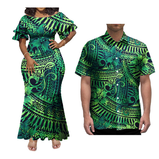 Polynesian Couple of Sets Green Outfit Polynesian Tropical Hibiscus Pattern Women's Short-Sleeved Dress Party Hawaiian Shirt For Men