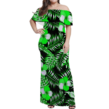 Matching Outfit For Couple Polynesian Samoan Tribe Gradient Dress Printed Lotus Strapless Long Dress Sexy Summer Dress