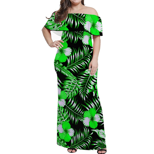 Matching Outfit For Couple Polynesian Samoan Tribe Gradient Dress Printed Lotus Strapless Long Dress Sexy Summer Dress