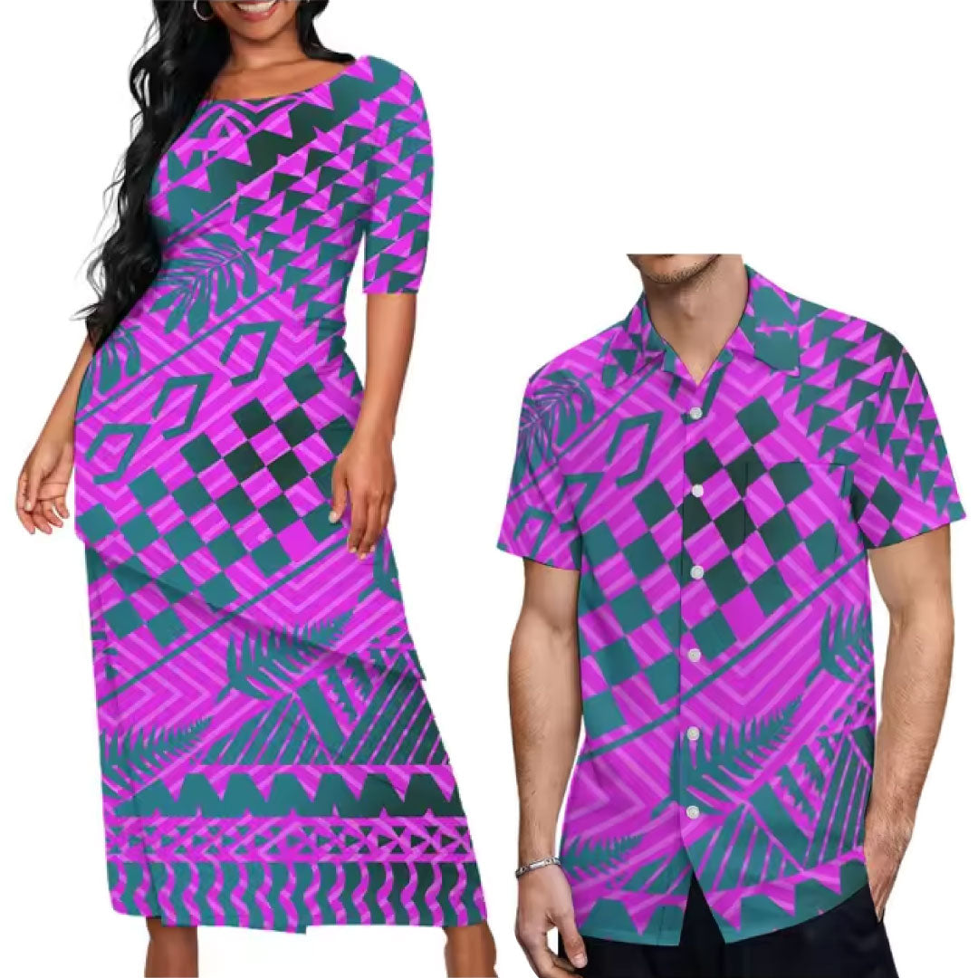 Pink Pacific Island Couple Matching Outfit Polynesian Tribal Pattern Dress Puletasi Dress Two-Piece Suit With Men's Shirt Couple Set