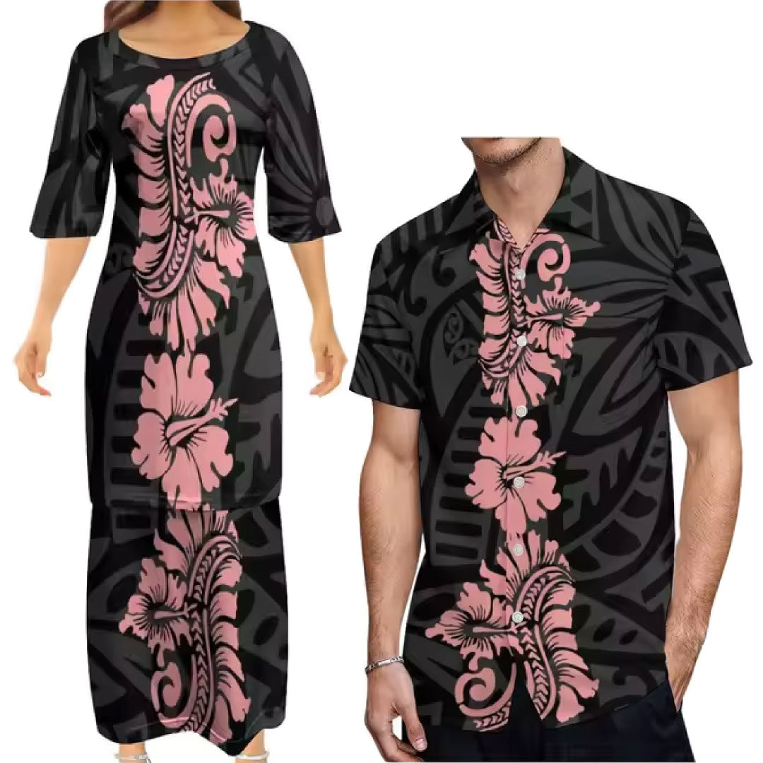Pink Hibiscus Flowers Polynesian Traditional Tribal Couple Set Puletasi Dress Two-Piece Suit With Men's Shirt Blue Matching Outfit For Couple