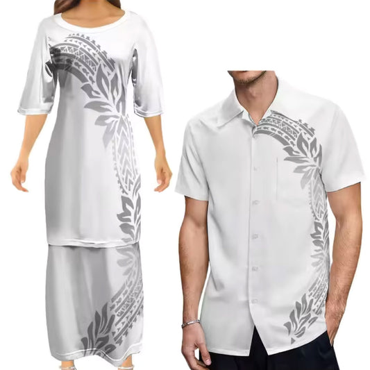 White Polynesian Tribal Print Flowers Pattern Matching Outfit For Couple Tropical Curve Style Puletasi Dress Two-Piece Suit With Men's Shirt Couple Set