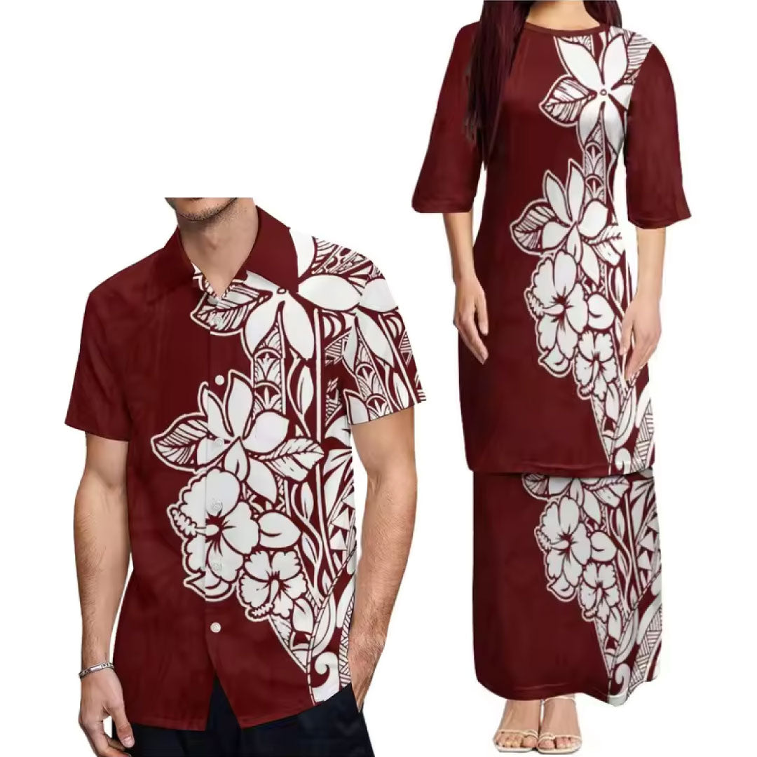 Outfit For Couple Hibiscus Flowers Tropical Polynesian Tribal Pattern crew neck Women's Dress Men's Hawaiian Shirt Polynesian Matching Outfit