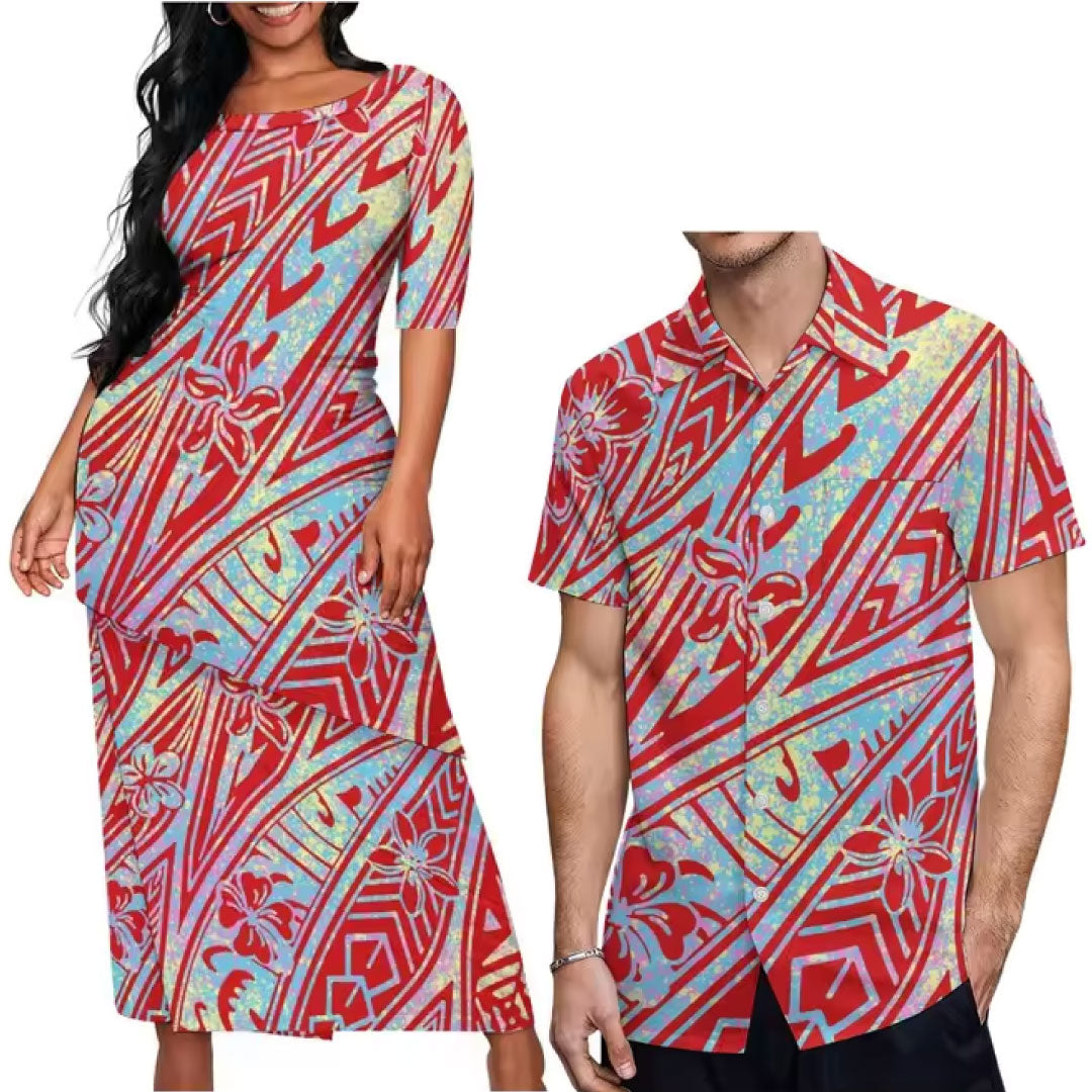 Polynesian Tribal Flowers Pattern Printed Couple Set Puletasi Dress Two-Piece Suit With Men's Shirt Matching Outfit For Couple