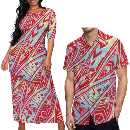 Polynesian Tribal Flowers Pattern Printed Couple Set Puletasi Dress Two-Piece Suit With Men's Shirt Matching Outfit For Couple