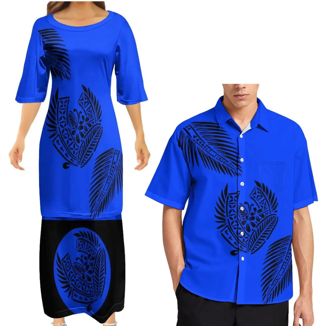 Blue Tropical Polynesian Traditional Tribal Couple Set Puletasi Dress Two-Piece Suit With Men's Shirt Blue Matching Outfit For Couple