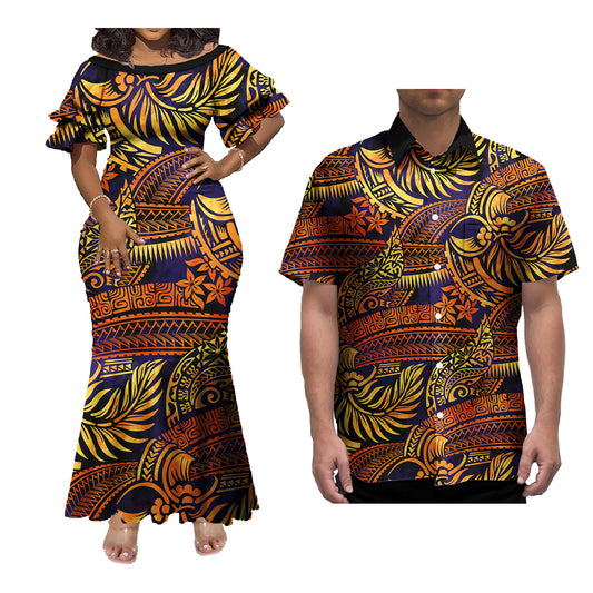 Polynesian Couple of Sets Outfit Polynesian Tropical Pattern Women's Short-Sleeved Dress Party Hawaiian Shirt For Men
