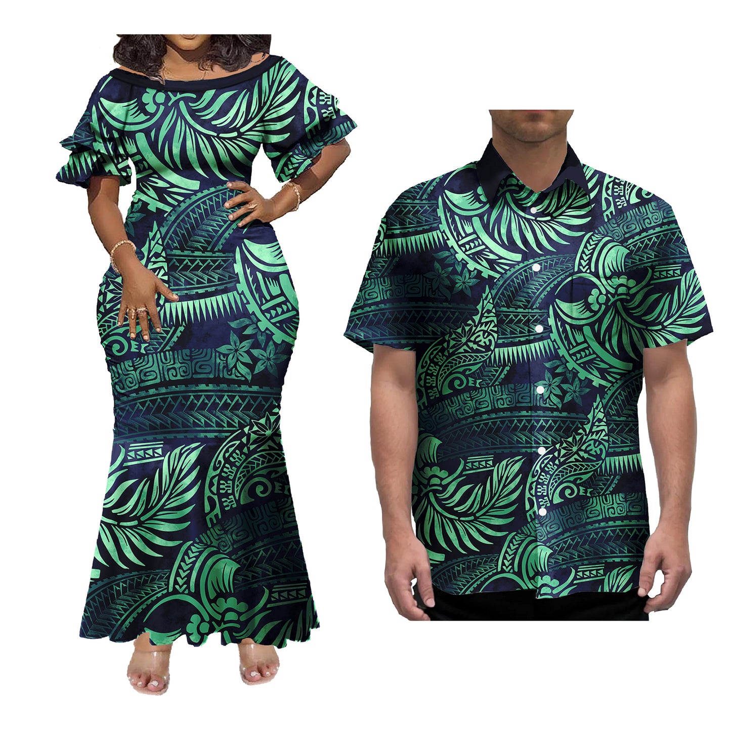 Polynesian Couple of Sets Outfit Polynesian Tropical Leaf Pattern Women's Short-Sleeved Dress Party Hawaiian Shirt For Men
