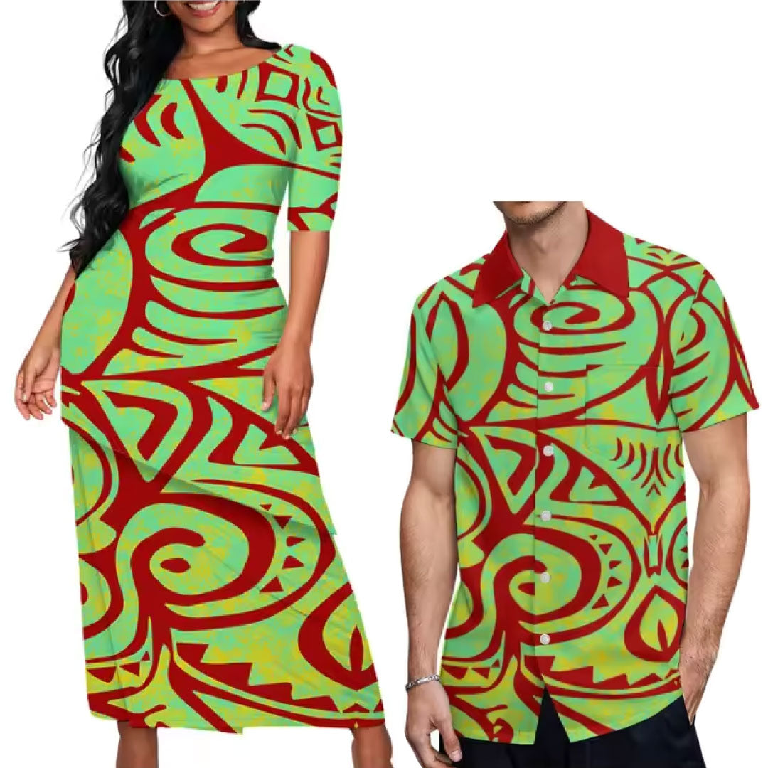 Pacific Island Couple Matching Outfit Polynesian Tribal Tropical Pattern Puletasi Dress Two-Piece Suit With Men's Shirt Couple Set