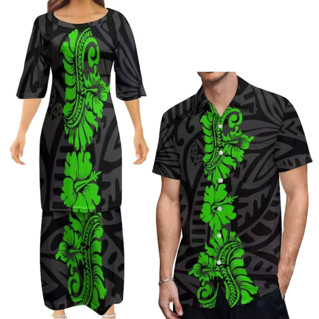 Green Flowers Polynesian Traditional Tribal Couple Set Puletasi Dress Two-Piece Suit With Men's Shirt Blue Matching Outfit For Couple