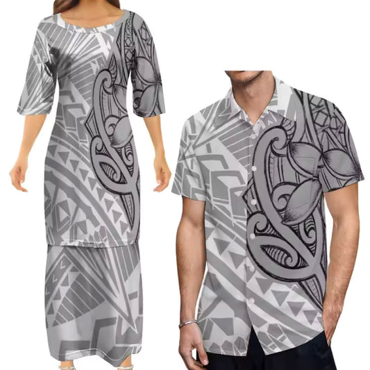 White Polynesian Tribal Printed Pattern Matching Outfit For Couple Tropical Puletasi Dress Two-Piece Suit With Men's Shirt Couple Set