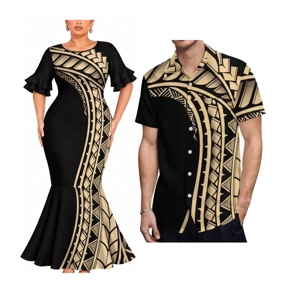 Polynesian Tribal Flowers Pattern Yellow Couple Matching Outfit Island Short Sleeve Mermaid Long Dress And Shirt
