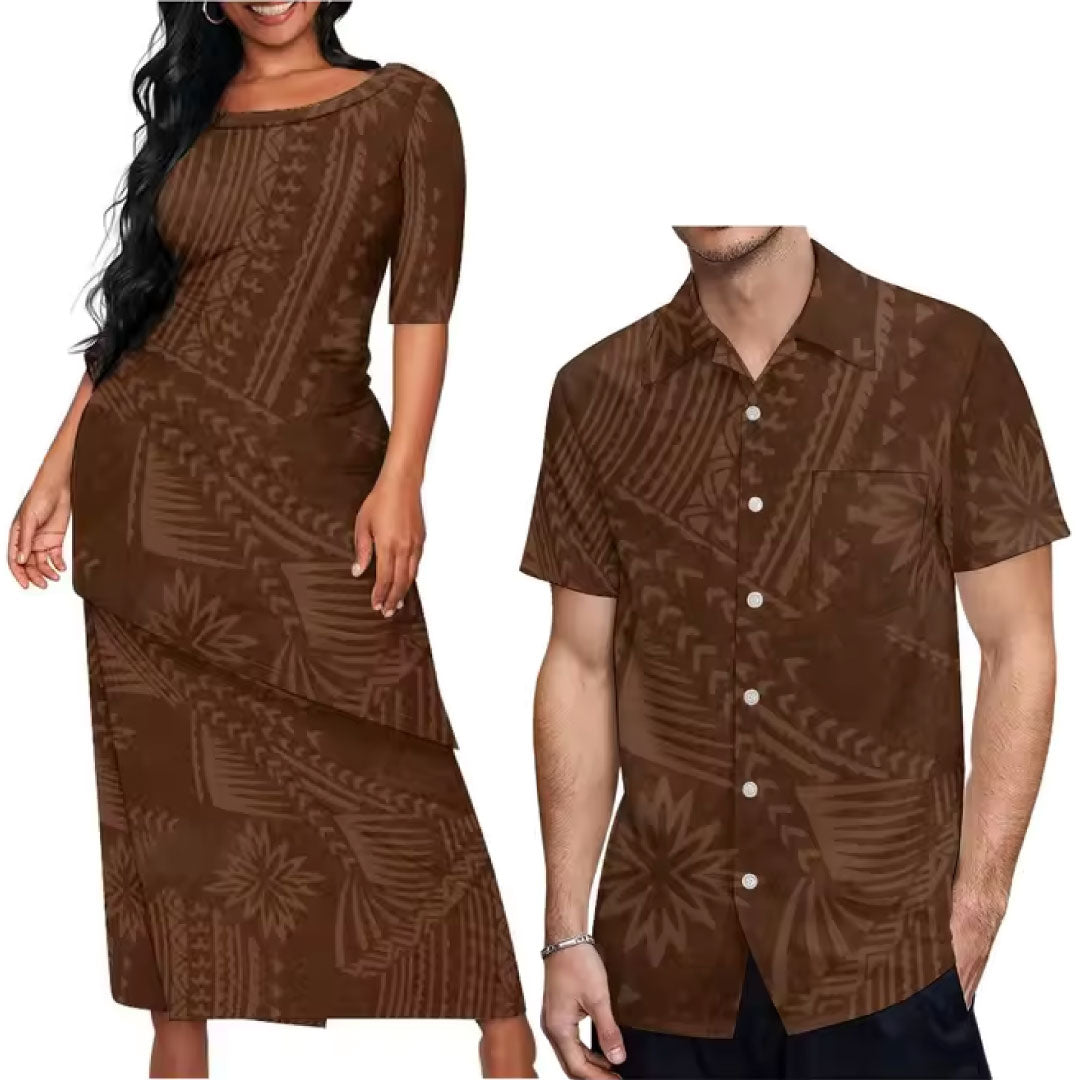 Polynesian Tribal Pattern Printed Brown Couple Set Puletasi Dress Two-Piece Suit With Men's Shirt Matching Outfit For Couple
