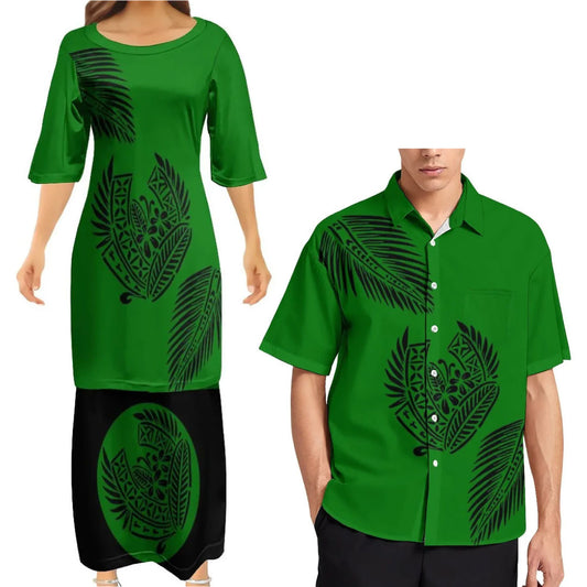 Green Tropical Polynesian Traditional Tribal Couple Set Puletasi Dress Two-Piece Suit With Men's Shirt Blue Matching Outfit For Couple