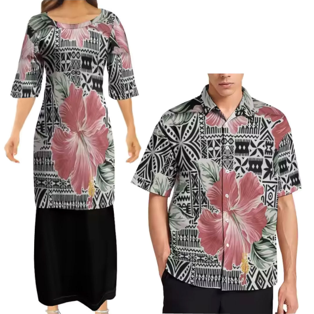 Hibiscus Flowers Polynesian Traditional Tribal Couple Set Puletasi Dress Two-Piece Suit With Men's Shirt Blue Matching Outfit For Couple