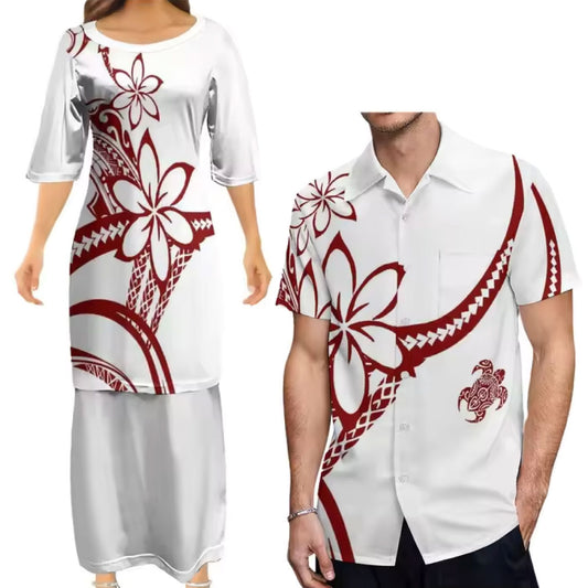 White Polynesian Tribal Printed Flowers Pattern Matching Outfit For Couple Tropical Puletasi Dress Two-Piece Suit With Men's Shirt Couple Set