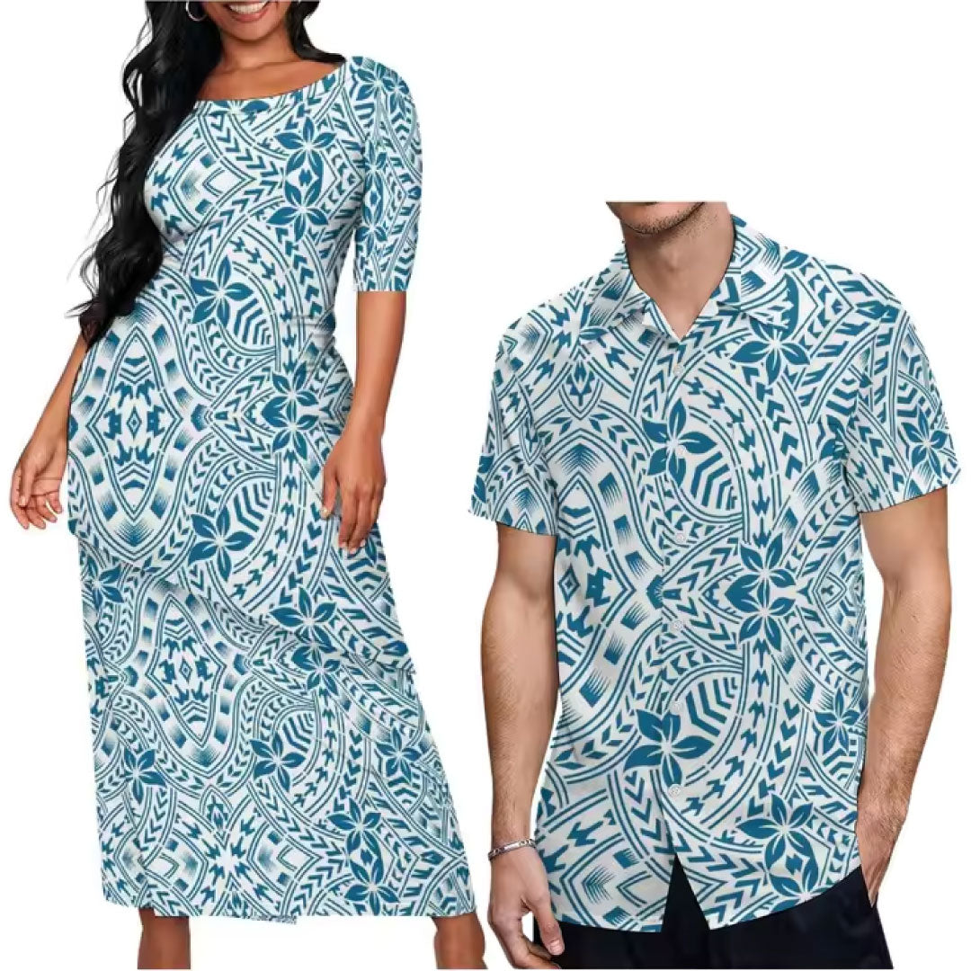 Polynesian Tribal Pattern Printed Couple Set Puletasi Dress Two-Piece Suit With Men's Shirt Blue Matching Outfit For Couple