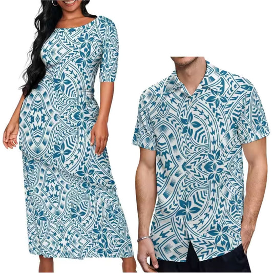 Polynesian Tribal Pattern Printed Couple Set Puletasi Dress Two-Piece Suit With Men's Shirt Blue Matching Outfit For Couple