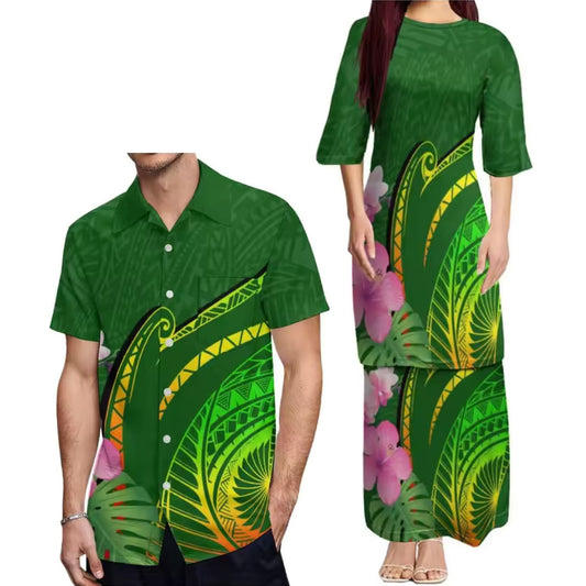 Outfit For Couple Printed Flowers Green Polynesian Tribal Print crew neck Women's Dress Men's Hawaiian Shirt Polynesian Matching Outfit