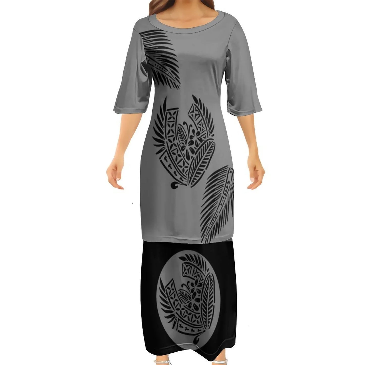 Grey Tropical Polynesian Traditional Tribal Couple Set Puletasi Dress Two-Piece Suit With Men's Shirt Blue Matching Outfit For Couple