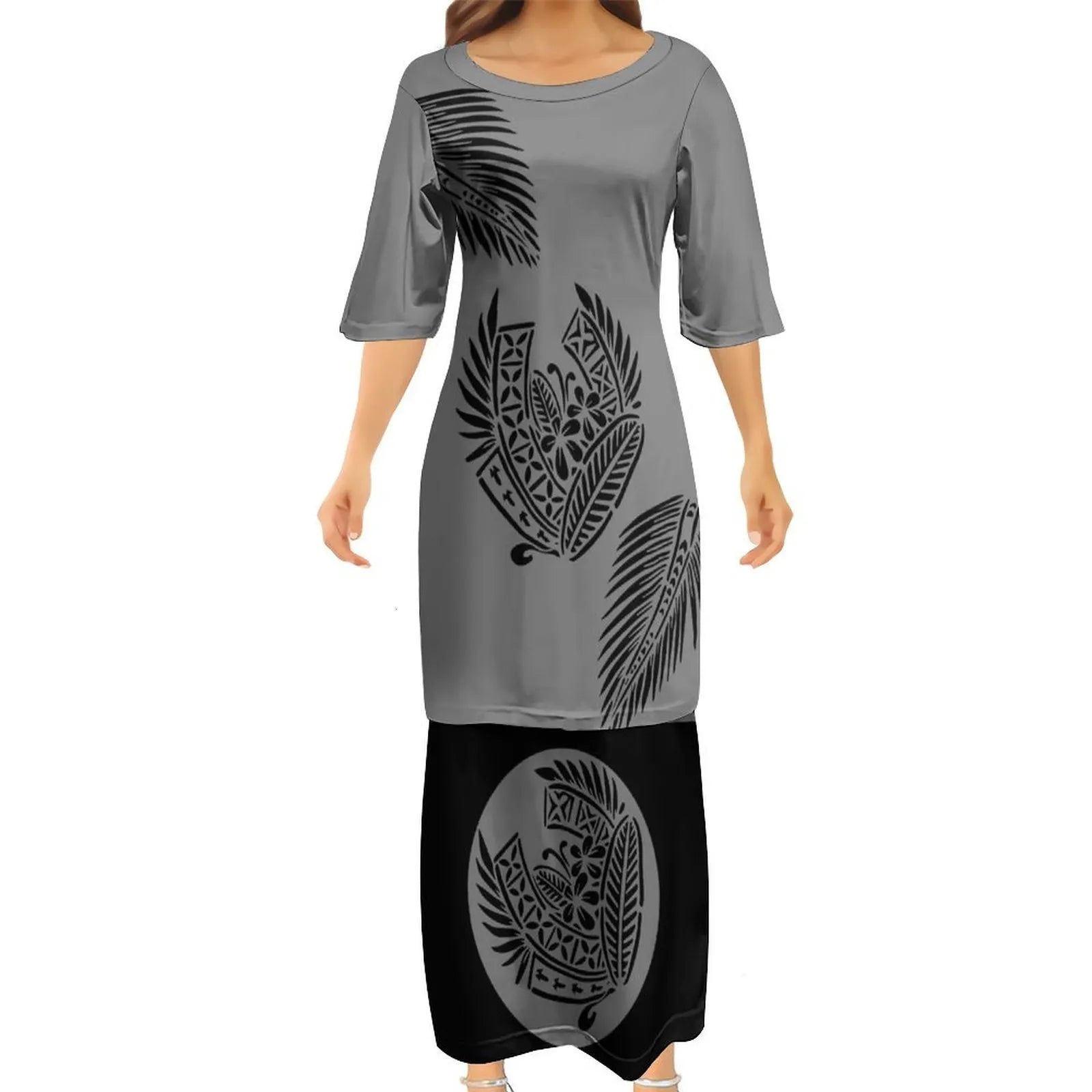 Grey Tropical Polynesian Traditional Tribal Couple Set Puletasi Dress Two-Piece Suit With Men's Shirt Blue Matching Outfit For Couple