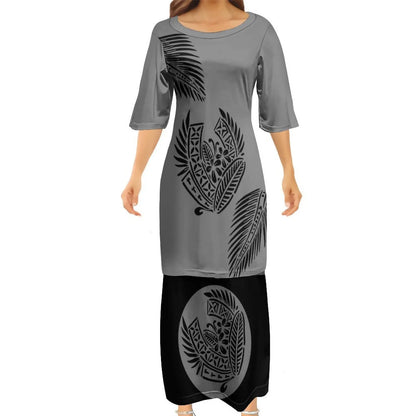 Grey Tropical Polynesian Traditional Tribal Couple Set Puletasi Dress Two-Piece Suit With Men's Shirt Blue Matching Outfit For Couple